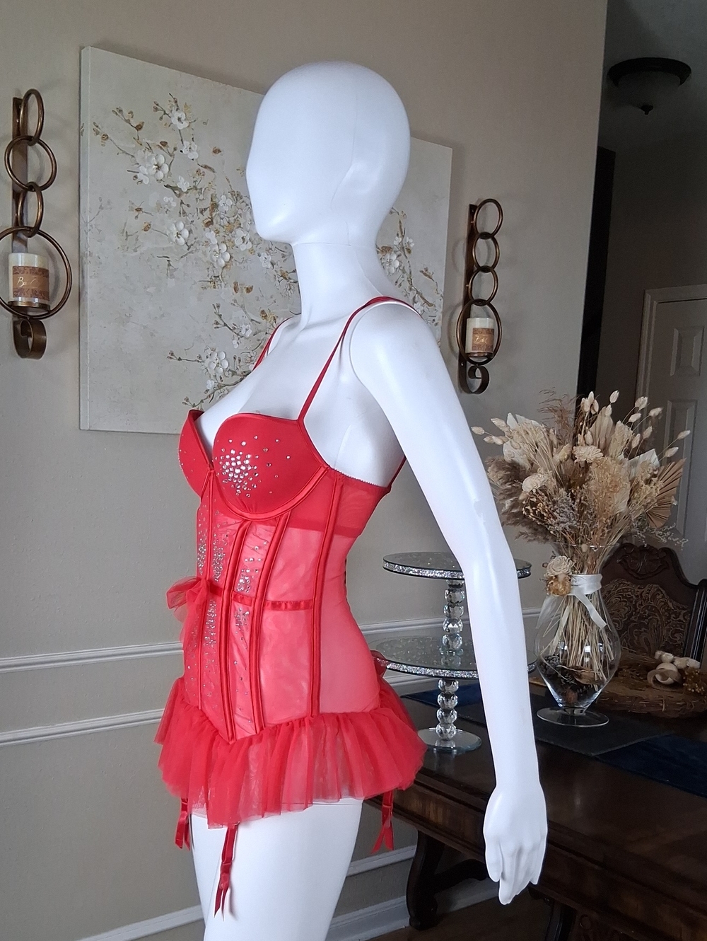 Victoria's Secret Runway Red Push-up Crystals Corset Garter Mini Dress Sexy 34C - Picture 8 of 16